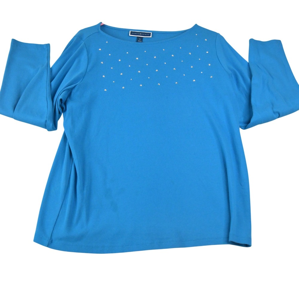 Karen Scott Womens 1X Blue Rhinestone Embellished Boat Neck Cotton Top L/S
